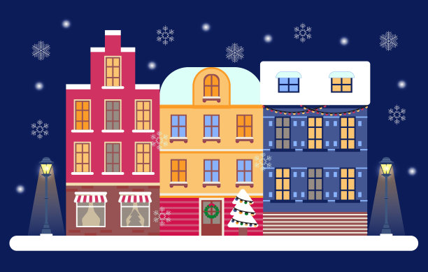 平安夜在舒适城市的概念向量。城里的冬夜全景，街灯闪烁。白雪皑皑的城镇或村庄景观在傍晚随雪落下。姜饼屋图片下载