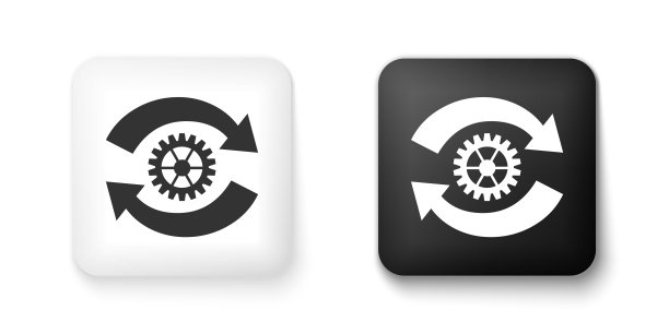 黑色和白色齿轮和箭头作为工作流概念图标隔离在白色背景。齿轮重载的迹象。方形按钮。向量图片下载