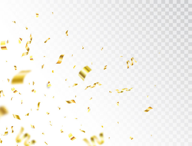 金色的五彩纸屑飞溅在透明的背景。闪闪发光的金色五彩纸盒飘落。明亮喜庆的金属丝。背景。假日设计元素为网页横幅，海报，传单。矢量图图片下载