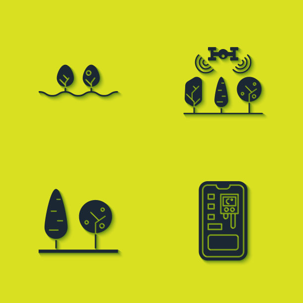 设置植物，智能控制农业系统，树木和无人机图标。向量图片下载