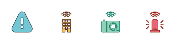 设置三角形感叹号，智能家居无线，相机和闪光警报器图标。向量图片下载