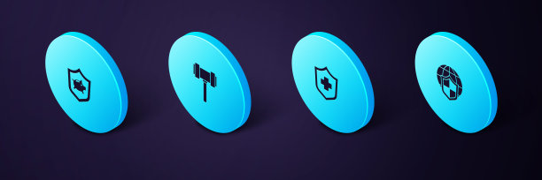 设置2.5D带世界地球的盾牌、健康保险、法官 gavel 和小猪存钱罐盾牌图标矢量图图片下载