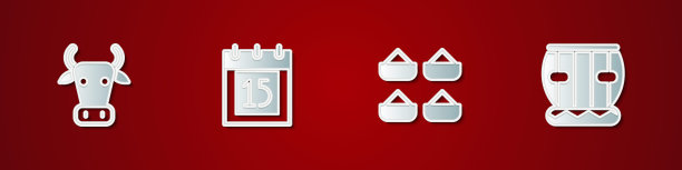 集牛，印度独立日，印度香料和乐器手鼓的图标。向量图片下载