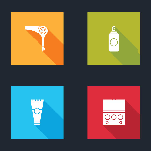 设置吹风机，喷雾罐，乳液化妆品管和眼影调色板图标。向量图片下载