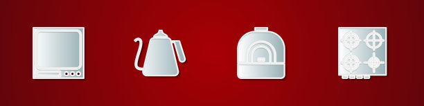 设置电子秤、带手柄水壶、烤箱和煤气炉图标。向量图片下载