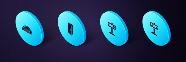 设置等距悬挂标志租赁，文字出售，关闭的门和车库图标。向量图片下载