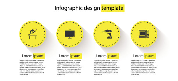 台式木工锯，电脑显示器，电动螺丝刀，微波炉。业务信息模板。向量图片下载