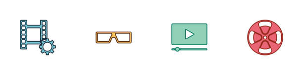 设置播放视频，3D电影眼镜，在线播放视频和电影卷轴图标。向量图片下载