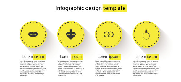 设置微笑的嘴唇，瓶子与爱情药水，结婚戒指和钻石订婚。业务信息模板。向量图片下载
