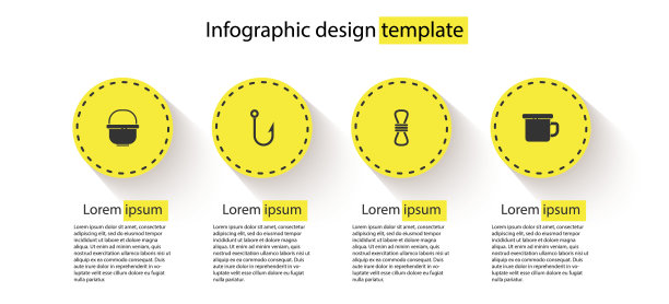 设置露营罐，鱼钩，攀爬绳和金属杯。业务信息图模板。向量图片下载