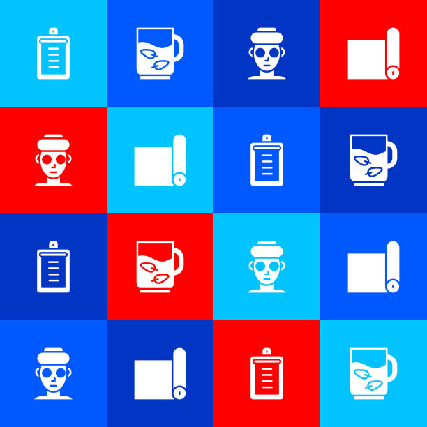 设置剪贴板与检查表，茶杯茶和叶子，面部化妆面膜和健身垫卷图标。向量图片下载