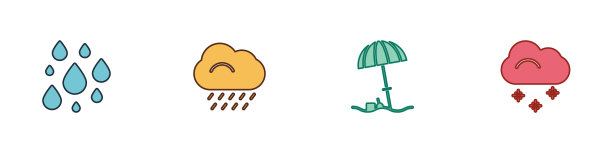 设置水滴，云与雨，太阳保护伞为海滩和雪的图标。向量图片下载