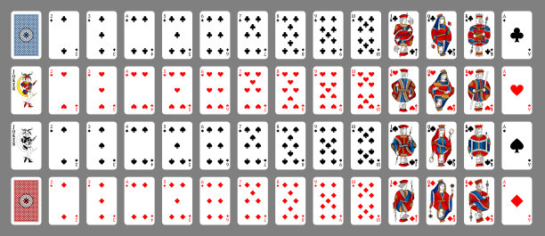 扑克设置与孤立的纸牌在灰色背景。扑克牌，全套。扑克牌的新设计。图片下载