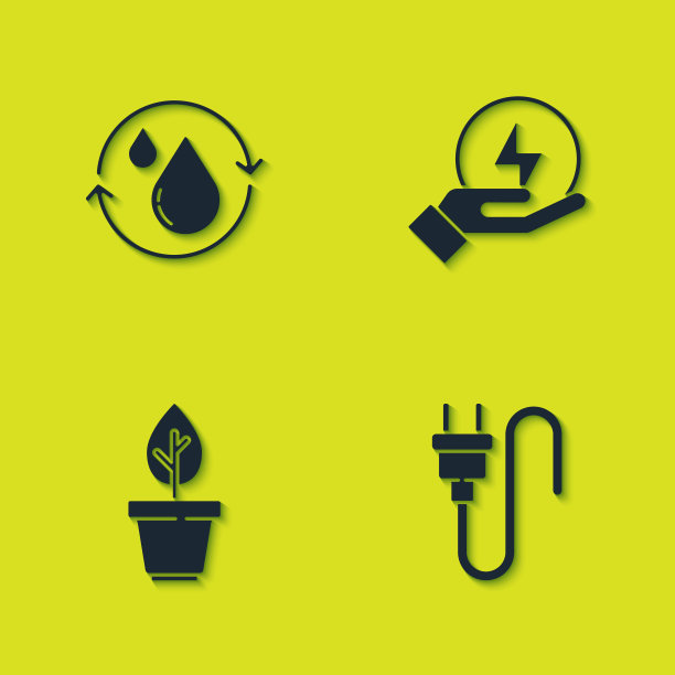 设置回收清洁水，电插头，植物在锅和闪电螺栓图标。向量图片下载
