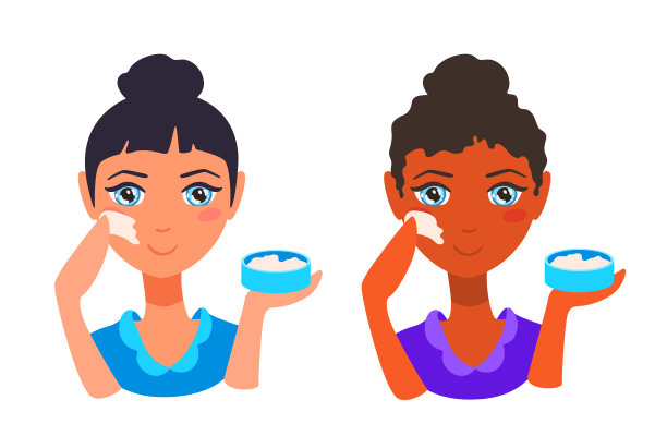 一个女孩用手在脸颊上擦面霜。面部皮肤治疗，护肤。女人关心自己的皮肤，就拿着一个乳霜罐。图片下载