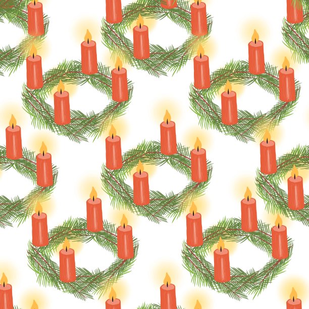 降临圈无缝图案。四支圣诞蜡烛在白色重复的背景上的花环。手绘节日插图包装，织物，圣诞节装饰图片下载