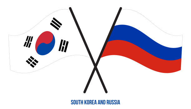 韩国和俄罗斯国旗交叉挥舞。官方的比例。正确的颜色。图片下载