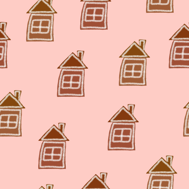 无缝图案与色彩丰富的姜饼房在粉红色的背景图片下载