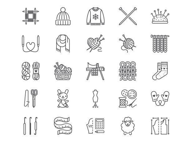 针织平线图标设置。钩针，手工围巾，羊毛球，线和针矢量插图。diy工具的轮廓标志，工作室，可编辑的笔触图片下载