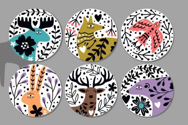 斯堪的纳维亚动物贴纸。手绘圆形华丽的形象与熊，鹿，兔子和狐狸图片下载