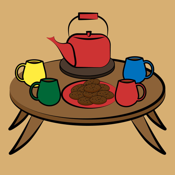 茶点在客厅的桌子上，有四种颜色的热饮，红色的茶壶和装有巧克力饼干的盘子图片下载