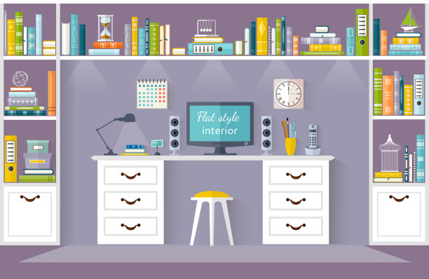 矢量客厅，家庭图书馆或工作空间。图片下载