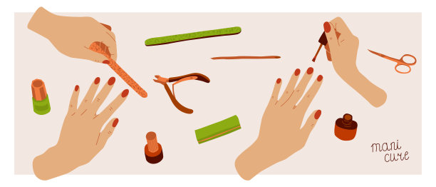 女性染发指甲周围的指甲护理工具和化妆品，俯视图。图片下载