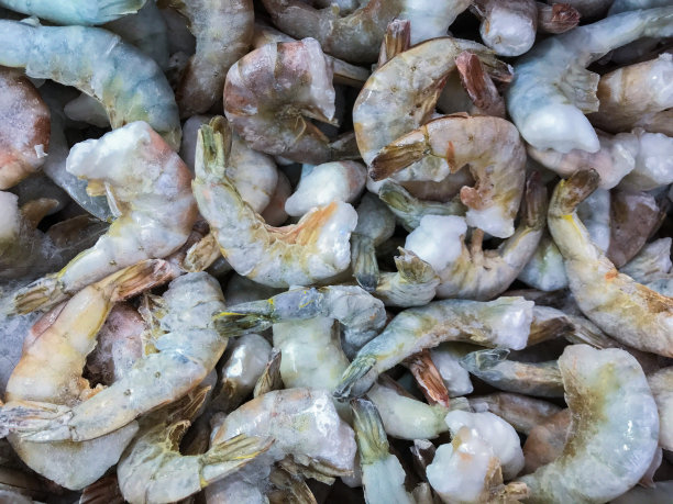 没有头的生冻虾，在灰色的冰霜中。天然海鲜背景图片下载