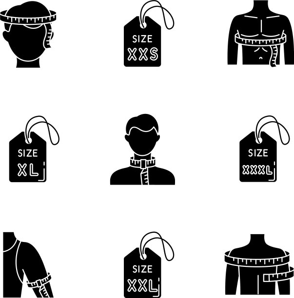 男性服装尺寸黑色字形图标设置图片下载
