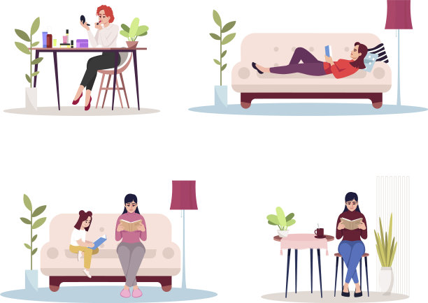 女性家居活动半平面RGB彩色设置图片下载