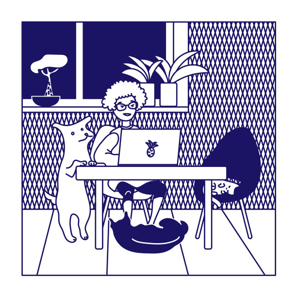 有宠物和室内植物的家庭办公室女孩图片下载