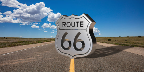 66号公路路牌上，蓝天为背景。三维演示图片下载
