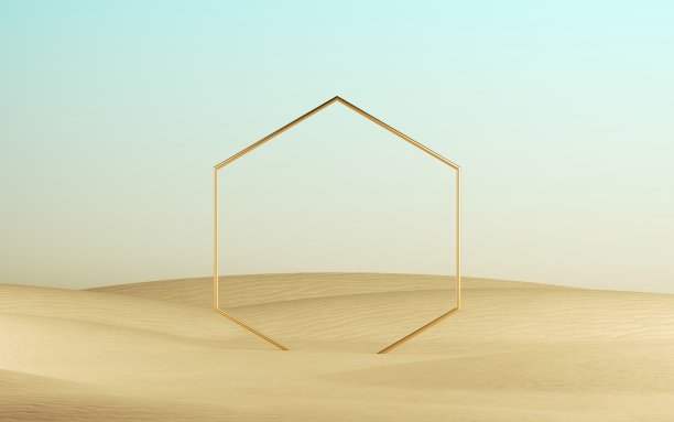 3d渲染，抽象现代最小背景沙丘和简单的几何形状，沙漠景观与金色六角形框架图片下载