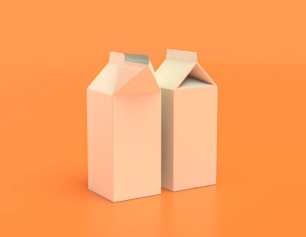 白色纸盒牛奶和果汁容器包装，黄橙色背景的塑料物体，颜色平坦，单色，3d渲染图片下载