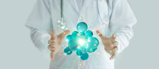 科学与创新，医学医生与科学符号网，蓝色背景下的抽象健康医学图片下载