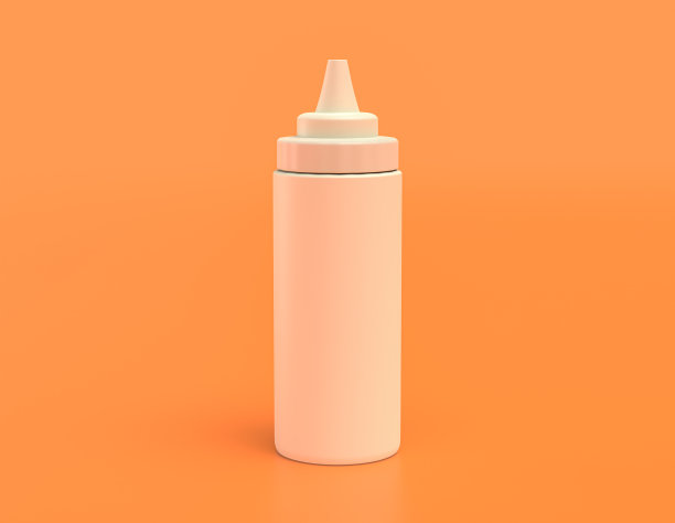 白色塑料芥末容器，瓶子在黄橙色的背景，单色，3d渲染图片下载