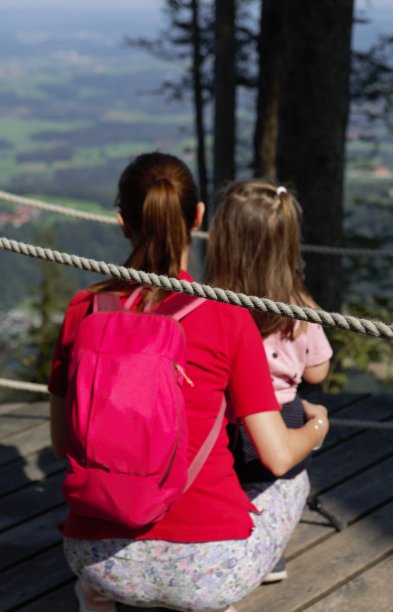 母亲和女儿在欣赏山上的景色，茨威斯堡，坏Tölz图片下载