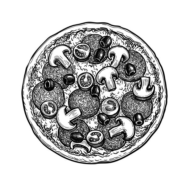 披萨的墨水素描。图片下载