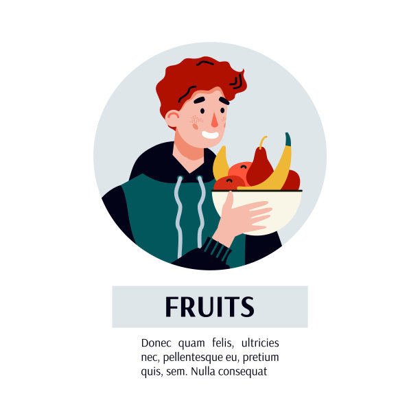 有感冒症状的男子捧着一碗扁平的水果矢量漫画插图图片下载