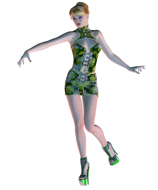 穿着绿色裙子和鞋子的年轻女子，舞者，3d插图图片下载
