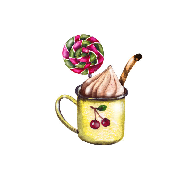 水彩画圣诞标志和节日元素的插图。黄色搪瓷复古杯热巧克力与棉花糖和肉桂棒。红绿棒棒糖装饰。圣诞贺卡的设计元素。孤立在白色的图片下载