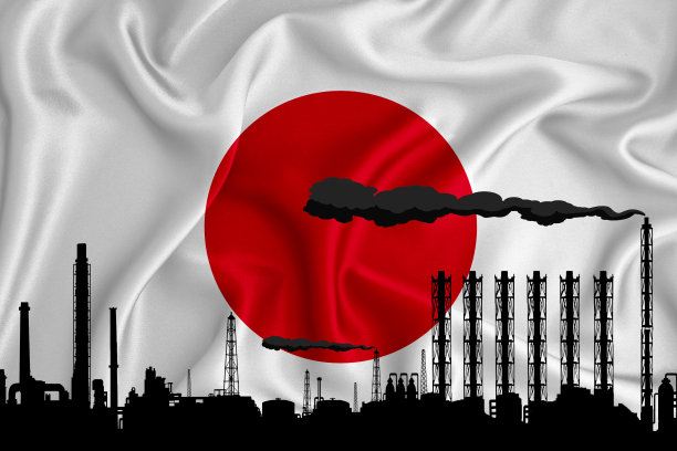 日本国旗，背景与空间为您的标志-工业3D插图。一个化工厂的剪影，炼油，天然气，能源图标。重工业。图片下载