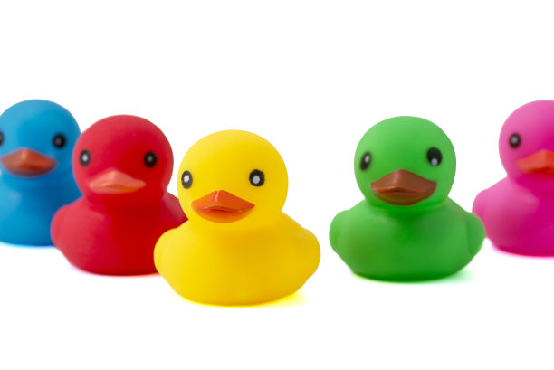 五只彩色橡皮鸭，白色背景。橡皮鸭孤立在白色之上。图片下载