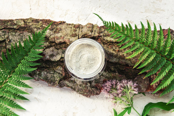 化妆面膜或脱皮或霜瓶在白色背景与木材和绿色植物。天然化妆品的概念图片下载