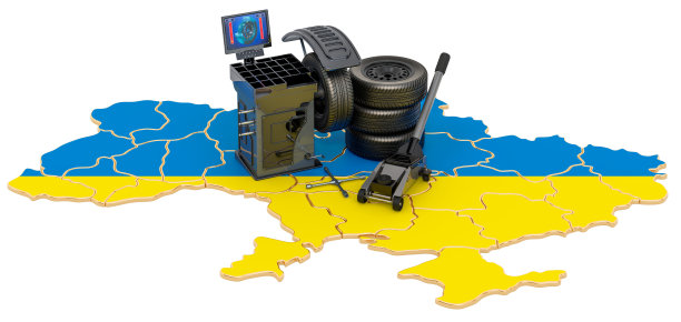 轮胎装配和汽车服务在乌克兰的概念。3D渲染孤立的白色背景图片下载