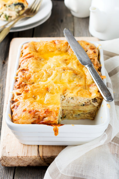 配以鸡肉、蘑菇、菠菜和奶酪的白色陶瓷煎饼。有选择性的重点。图片下载