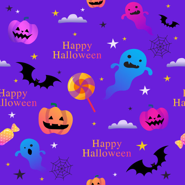 万圣节彩色可爱搞笑诡异涂鸦无表情矢量图案。可怕的鬼魂，蝙蝠，糖果，眼睛，南瓜和蜘蛛网。图片下载