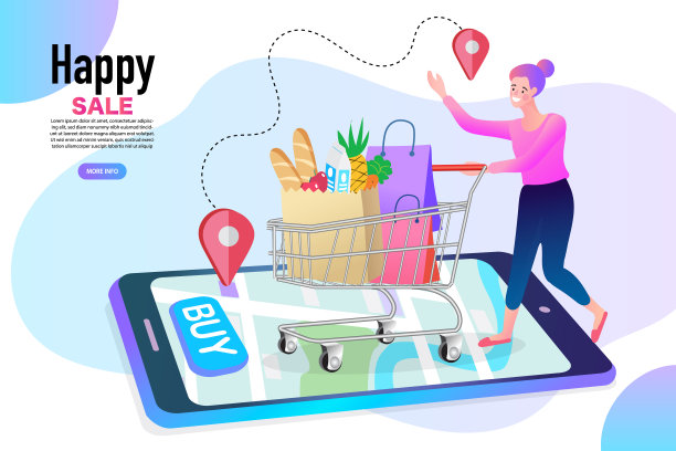 推着购物车从商店购物的女孩。漂亮的年轻女人拿着购物袋大减价。平面向量插图。图片下载