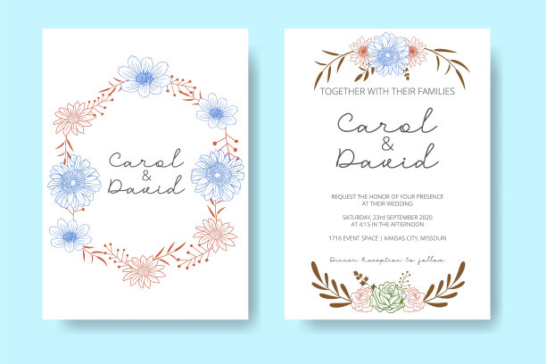 优雅的婚礼卡片与美丽的花和树叶模板图片下载