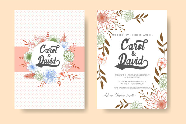 优雅的婚礼卡片与美丽的花和树叶模板图片下载